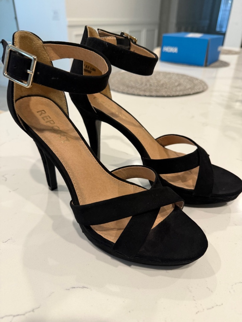 Report Black Suede Crisscross Ankle-Strap High Heel Sandals